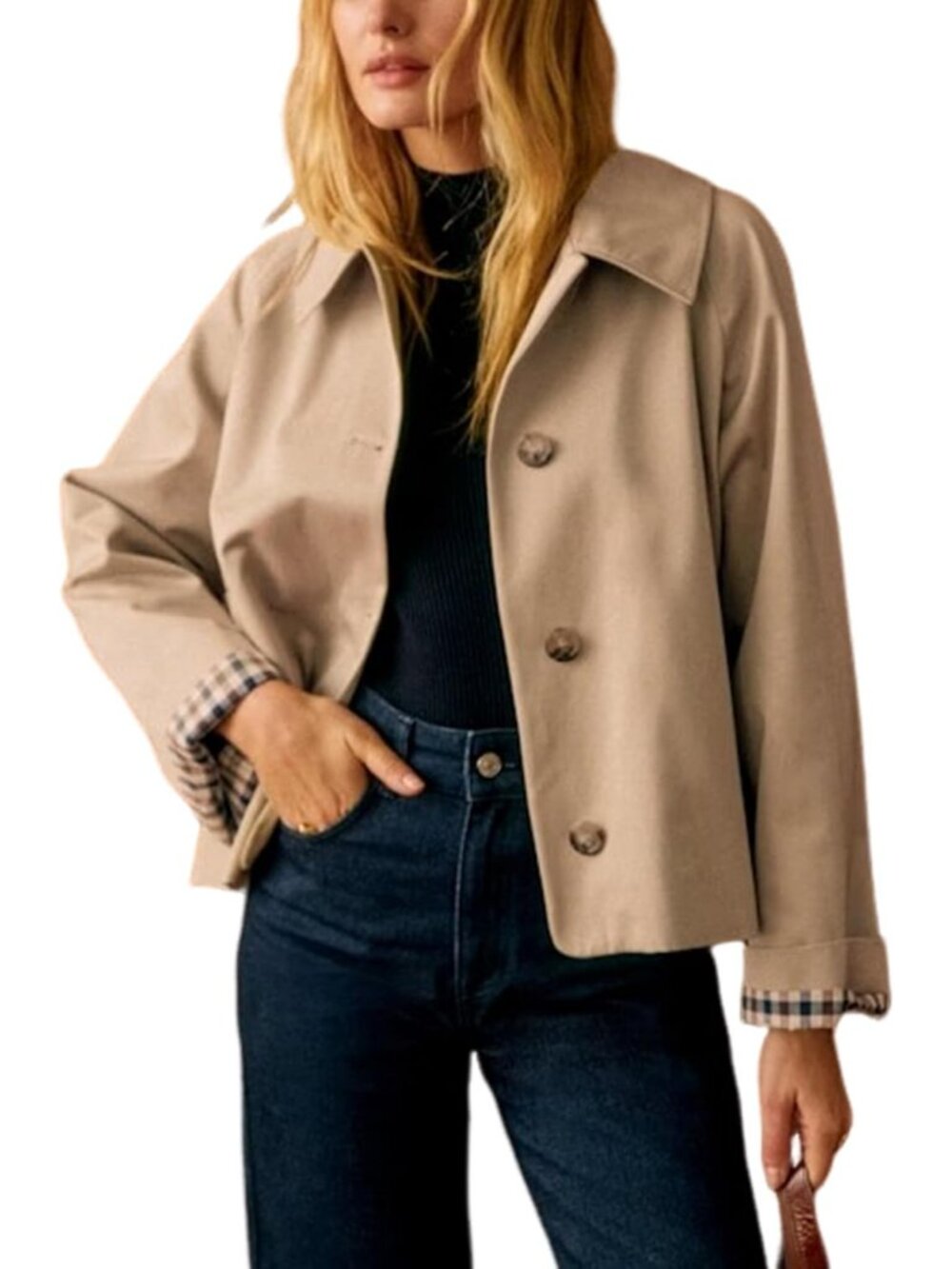 Women's Khaki Cropped Plaid Cuff Lining Button Down Single-Breasted Trench Coat